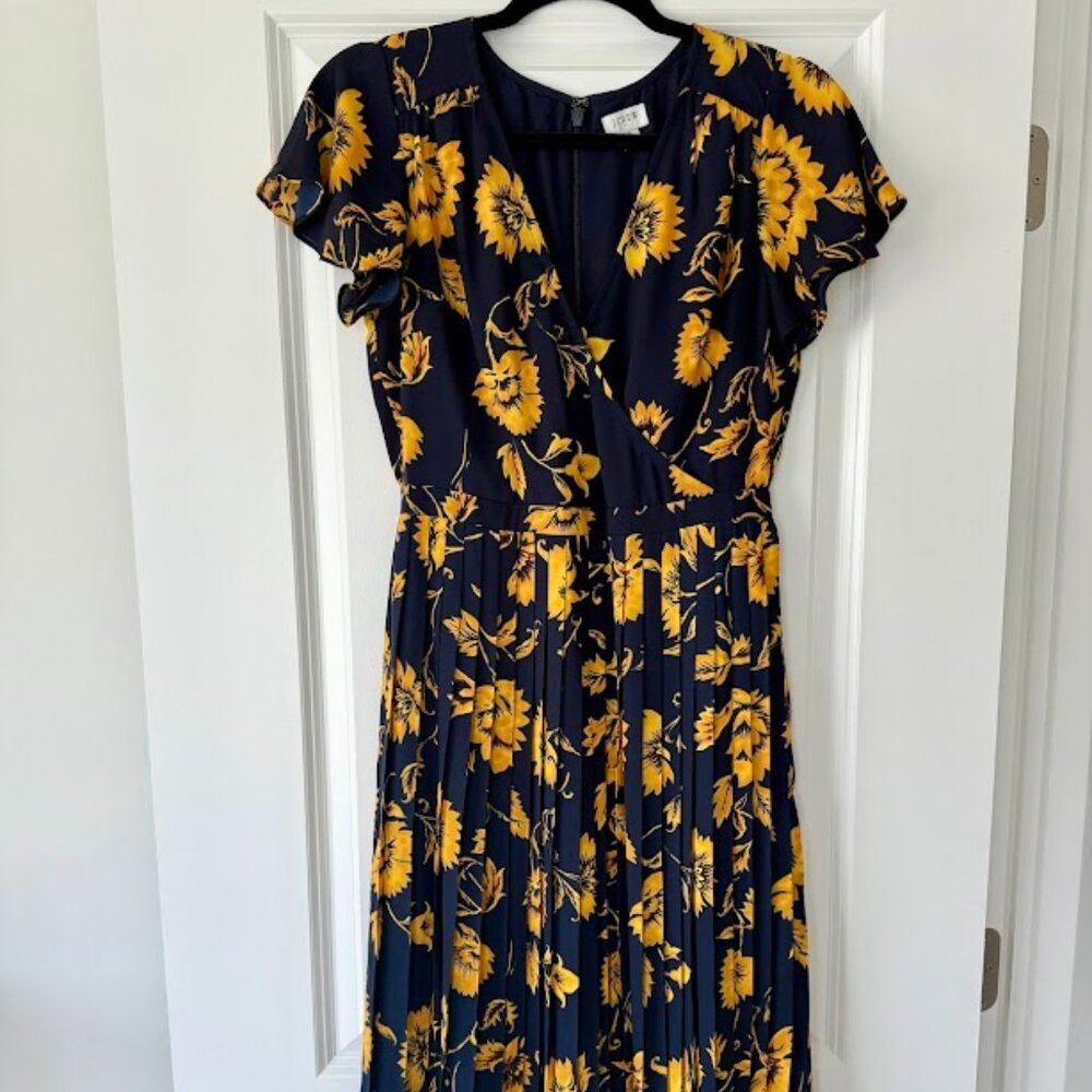 J. Crew Navy and Gold Sunflower Midi Dress